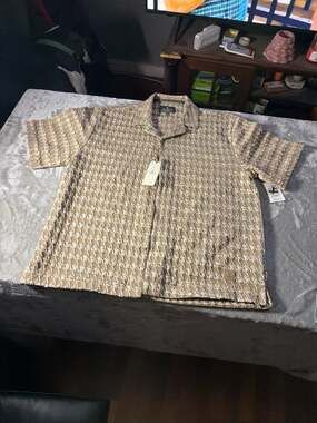 Saints Studio Men's Textured Geometric Camp Shirt in Tan - NWT